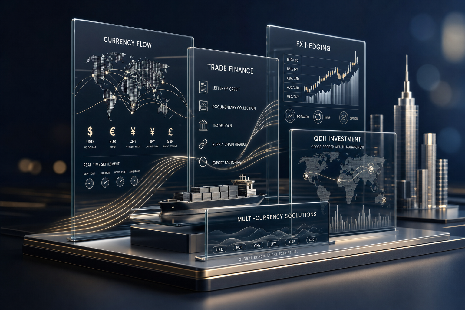 Glass panels showing currency flow, trade finance, and FX hedging